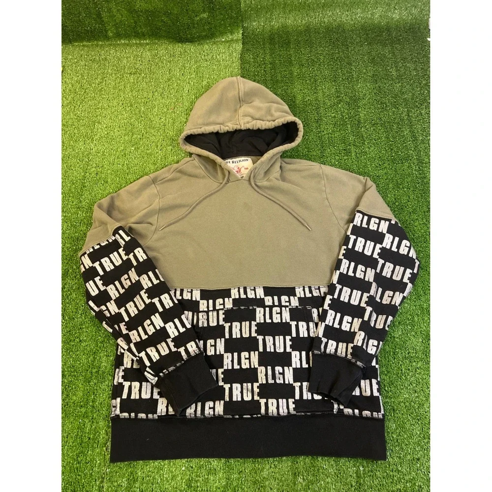 True Religion Mens XL Hoodie Olive Green Black‎ Logo Print Pullover Sweatshirt